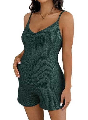 BLENCOT Maternity Romper for Women Summer Casual V Neck Sleeveless Jumpsuit Yoga Pregnancy Clothes Dark Green Medium - Image 1