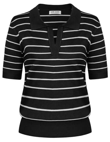 Kate Kasin Women Short Sleeve Striped Polo Sweater Tops Lightweight Summer V Neck Soft Knit Pullover Shirt Black White L - Image 1