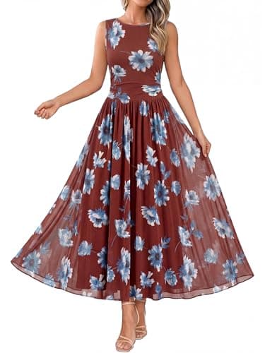 BTFBM Summer Dresses for Women 2026 Floral Maxi Dress Sleeveless Mesh Flowy Spring Wedding Guest Dress Long Sundresses(Brown Blue Flower, Large) - Image 1