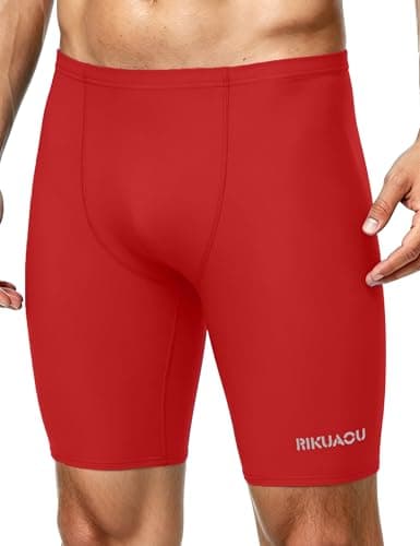 RIKUAOU Men's Athletic Swim Jammers, Square Leg Quick Dry Swim Shorts, UPF 50+ Swimsuit for Lap Swimming Training Surf, 9 inch True Red - Image 1