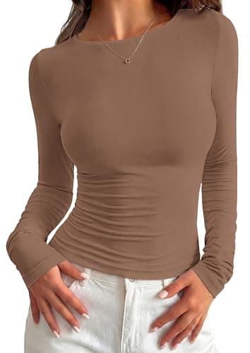 PRETTYGARDEN Long Sleeve Shirts for Women 2026 Fall Casual Crewneck Tight Slim Fit Layering Basic T Shirt Going Out Tops(Brown,Medium) - Image 1