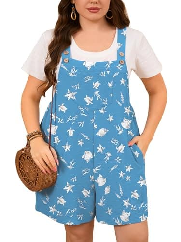 AusLook Plus Size Rompers for Women Cute Conch 5X Overall Shorts Adjustable Button Strap Loose Wide Leg Short Jumpsuit Summer Casual Outfit with Pockets - Image 1