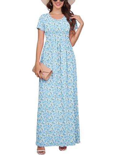DEARCASE Women's Short Sleeve Maxi Dresses Floral Jasmine Light Blue Medium Loose A-line Casual Party Vintage Spring Summer Flowy Beach Sundress Hawaiian Boho Vacation Casual Long Dress with Pockets - Image 1