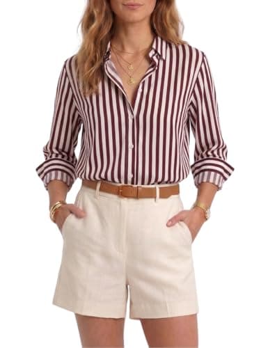 Women’s Long Sleeve Button Down Shirt, Classic Striped Blouse with Pearl Buttons, Casual & Dressy Tops for Women, Comfortable Polyester Blouse for Work & Everyday Wear (Wine Red)-L - Image 1