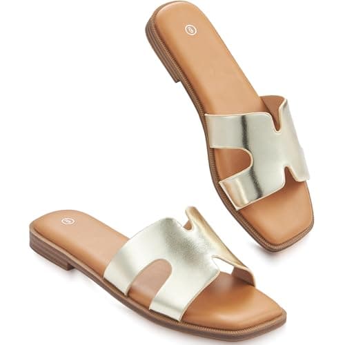 KENMITDY Sandals for Womens Slip On Fashion Flat Sandals Soft Memory Foam Slides Comfortable Leather Open Toe Slide Summer Dressy Gold Size 9 - Image 1