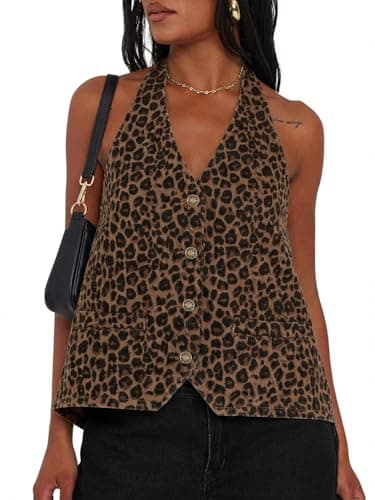 Tankaneo Womens Halter Denim Vest Tops Summer Sleeveless Open Back Y2K Going Out Jean Tank Tops V Neck Button Up Waistcoat - Image 1