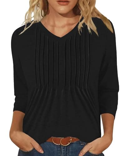 IEEILULU 3/4 Length Sleeve Womens Tops V Neck T Shirts Casual Pleated Tunic for Women Fashion Loose Blouses Black M - Image 1