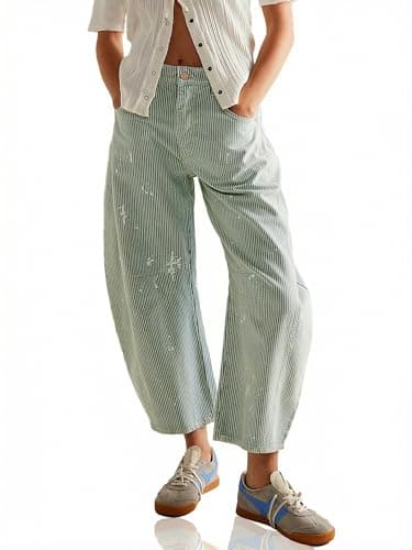 PEIHOT Womens Striped Barrel Jeans Trendy Cropped High Waisted Wide Leg Loose Denim Pants 2026 Green - Image 1