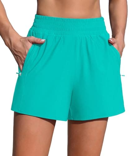 ANFILIA Swim Shorts Women High Waisted Board Shorts Quick Dry Beach Short with Pockets Liner Aqua - Image 1