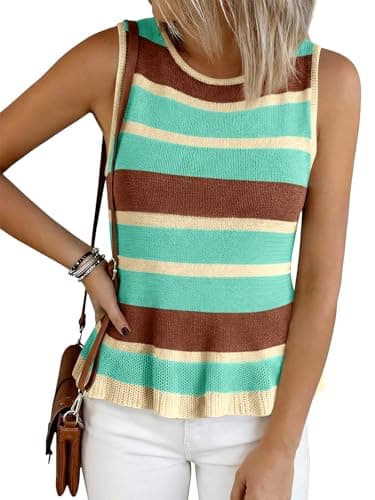 Cicy Bell Womens Striped Sweater Vest Summer Casual Sleeveless Ruffle Knit Tank Tops Crew Neck Lightweight Shirts Cyan-Blue - Image 1