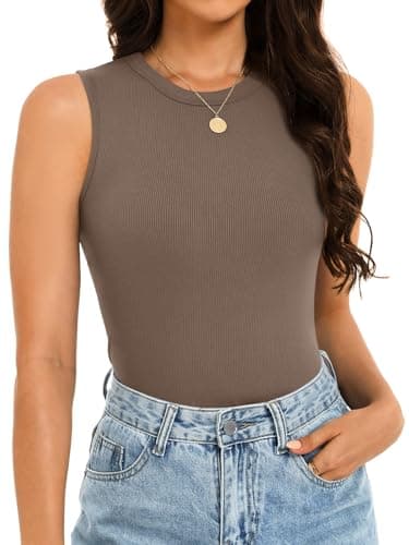 GKBK Womens Ribbed High Neck Tank Tops Racerback Slim Fitted Top Summer Basic Casual Sleeveless Shirts Coffee - Image 1