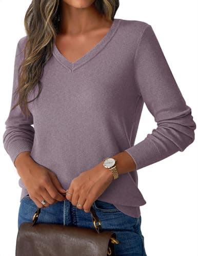 GKBK Womens Sweaters 2026 Fall Fashion Wool Blend V Neck Lightweight Sweater Loose Fit Knit Pullover Long Sleeve Basic Tops Business Casual Outfits Winter Clothes Trendy Gray Purple - Image 1