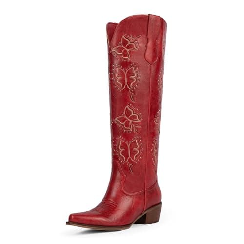 Easyfox Cowgirl Boots for Women Butterfly Embroidered Red Cowboy Boots Chunky Heel Rhinestone Knee High Western Boot Pointed Toe Slip on Block Heel Cow Girl Boot 6.5 - Image 1
