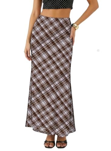 BLENCOT Women's Plaid Maxi Skirt Elastic High Waisted A-Line Long Mesh Skirts Casual Summer Beach Vacation Outfits Brown Large - Image 1