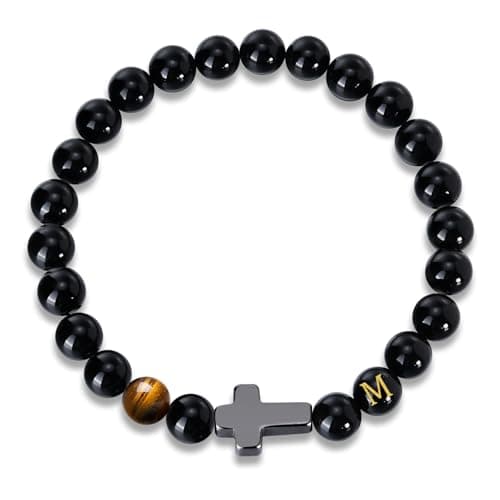 Mens Cross Bead Bracelet with Initials, Christian Rosary Obsidian A-Z Letter Black Onyx Tigers Eye Beaded Bracelet, Faith Religious Easter Catholic Communion Baptism Christmas Jewelry Gift for Men - Image 1