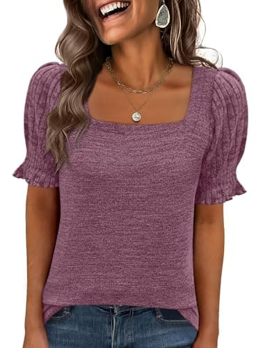 ANRABESS Womens Tops Summer Sweaters Dressy Casual Work Blouses Square Neck Ruffle Short Sleeve Tee Shirts 2026 Fashion Tunic Purple Large - Image 1