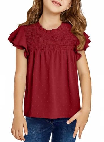 DOKOTOO KIDS Girls Tops Teen Short Sleeve Blouse Tween Cute Dressy Trendy Little Girl Babydoll Casual Peplum Ruffle Boho Swiss Polka Dot Shirts Red Size 6-7 Years - Image 1