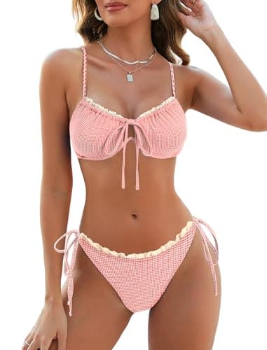 ZAFUL Women High Cut Bikini Sets String Sexy Swimsuit Two Piece Underwire Bathing Suit Brazilian Cheeky Cut Out Cute Swimwear Gingham Red L - Image 1