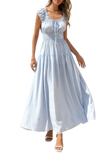 PRETTYGARDEN Boho Maxi Dresses for Women 2026 Summer Floral Wedding Guest Dress Resort Wear Spring Long Flowy Beach Sundress (Blue Striped,Medium) - Image 1