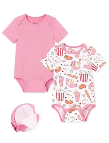 PATPAT Bamboo Viscose Baby Bodysuits 2 Pack, Easy Swap Design (No Snaps/Zippers) - Short Sleeve Newborn Infant Boys Girls, Quick Diaper Change Clothes Pink Baseball 18-24 Months - Image 1