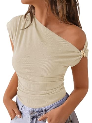 PRETTYGARDEN Womens Summer Off The Shoulder Crop Tops Ribbed Going Out Fitting T Shirts Trendy Spring Y2k Clothes 2026(Apricot,Small) - Image 1