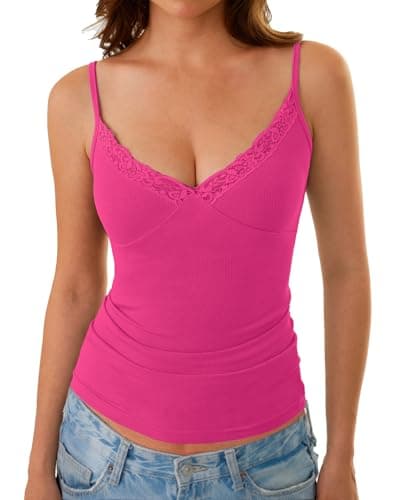 GKBK Women's Lace Tank Tops Ribbed V-Neck Adjustable Spaghetti Strap Sleeveless Y2K Summer Basic Camisole 2026 Rose Red XS - Image 1