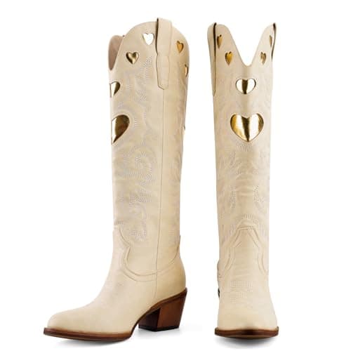 POYOIOR Beige Cowgirl Western Boots for Women Heart Pattern Classic Embroidered Vintage Tall Booties Round Toe Chunky Stacked Heel Cowboy Boot Pull on 2025 Fall Winter Size 11 - Image 1