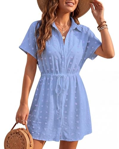 Women's Swiss Dot Short Sleeve Button Down Drawstring Cover Up Shirt Dress Blue - Image 1