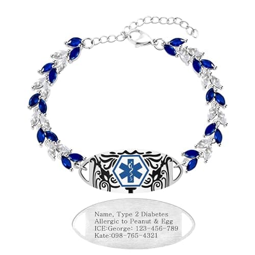 Blue & White Leaf CZ Medical Alert Bracelet for Women | Dynamic QR Code or Custom Engraved ID Jewelry | Emergency Contact Allergy Health Info Stainless Steel & Copper Adjustable Wristband (Text Engraving) - Image 1