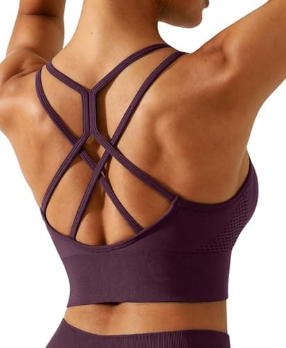 BRXL Lycra Strappy Ruched Sports Bra for Women Breathable Seamless Criss Cross Back Light Support Padded Bras Exercise Yoga Purple S - Image 1