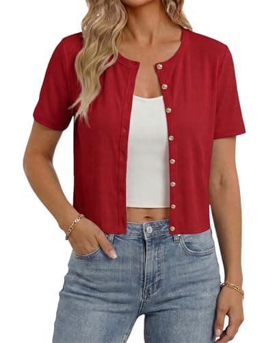 Gleeneat Short Sleeve Button Down Up Cardigan Sweaters for Women Ribbed Going Out Cropped Tops Cute Summer Trendy Lightweight Cardigans Shirts Bolero Shrug for Dress 2026 Clothes Clothing Outfits Red - Image 1