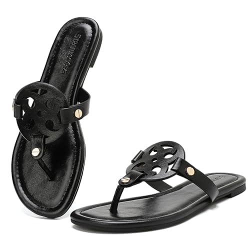 Stratuxx Kaze Women's Dressy Faux Leather Thong Sandals with Memory Foam,Comfy Beach Slides Slip On Flat Sandals for Women - Image 1