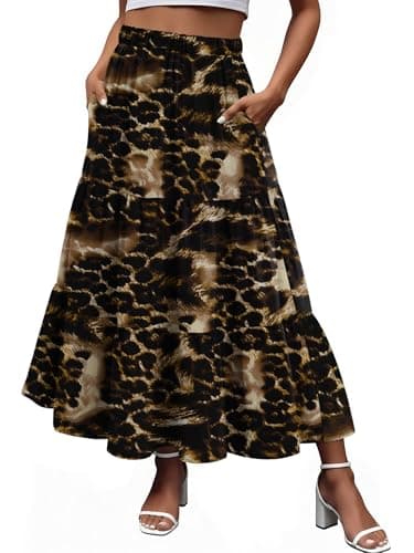 Magritta Women's Casual Fashion Floral Elastic High Waist A-Line Maxi Skirt with Side Pockets Vintage Brown Leopard Large - Image 1