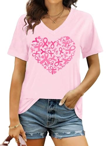Ithalt Breast Cancer Shirt Women Pink Ribbon Shirts Breast Cancer Awareness Tee Cancer Survivor V Neck Tshirts(Pink5, Medium) - Image 1