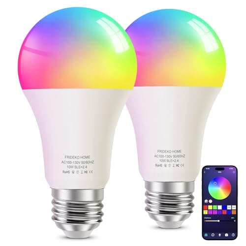 FRIDEKO HOME Smart Light Bulbs - Led Dimmible Color Changing Light Bulb for Home Works with Bluetooth Music Sync - A19 RGB Lightbulb for E26 Base with APP Control & Timer (2 Pack) - Image 1