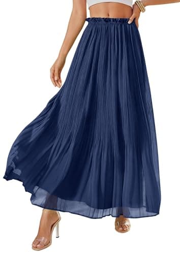 PRETTYGARDEN Pleated Midi Skirts for Women 2026 Flowy Summer Beach Vacation High Waisted Chiffon Boho A-Line Long Skirt(Dark Blue,Large) - Image 1