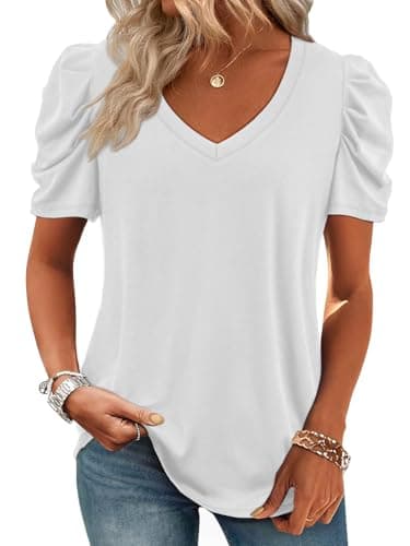 ATHMILE Business Casual Tops for Women Tops V Neck Casual Tshirts Puff Sleeve Trendy Fashion 2026 Tunic Solid Color White - Image 1