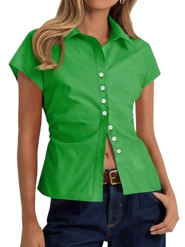 Cicy Bell Womens Summer Button Down Shirts Short Sleeve Slim Fit Petite Ruched Cotton Blouses Cute Going Out Tops Green - Image 1