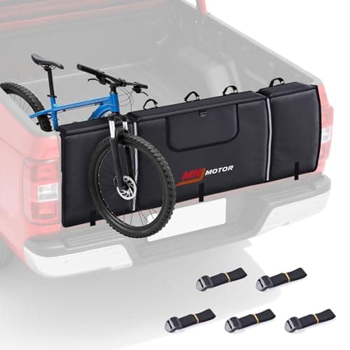 MNJ MOTOR Tailgate Bike Pad, Widen Size Pickup Truck Tailgate Carry 5 Mountain Bikes Protection Pad with Fixture Straps Reflective Strips Tool Pockets and Rear Camera Opening - Image 1