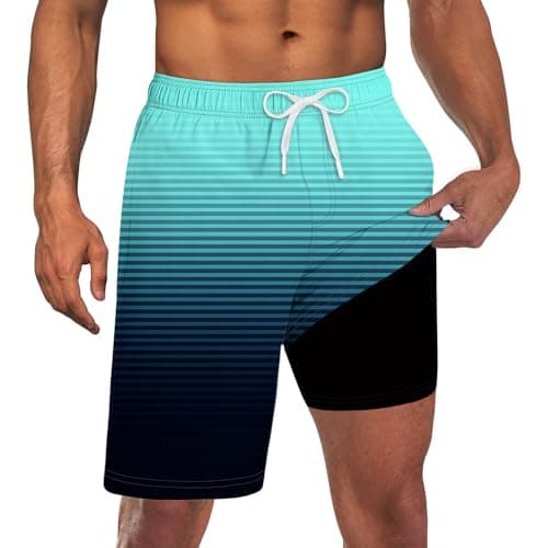 westwolf Board Shorts Men with Compression Liner 9 Inch Male Swim Trunks Bule Black Lightweight Surfing Bathing Suits Men Bule Black Stretch Swim Trunks Brief Liner Running Swimwear XXL