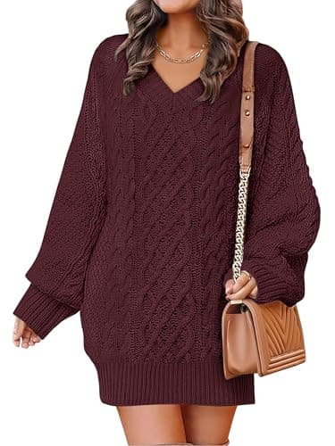ANRABESS Womens Long Sleeve V Neck Oversized Cable Knit Mini Sweater Dresses 2026 Winter Fall Trendy Pullover Tunic Outfits Wine Red X-Small