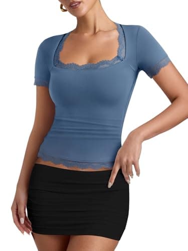 REORIA Womens Sexy Square Neck Short Sleeves Shirts Lace Trim Casual Slim Fit 2026 Summer Fashion Going Out Tops - Image 1
