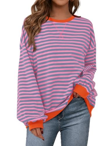 PRETTYGARDEN Womens Striped Oversized Sweatshirt Color Block Crew Neck Long Sleeve Casual Loose Pullover Top Y2K Clothes (Rose Red Grey Blue, Large) - Image 1