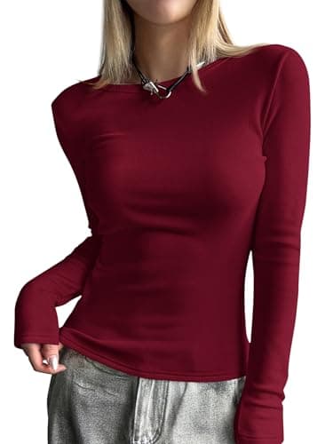 MASCOMODA Womens Basic Long Sleeve Shirts Casual Boat Neck Rib Knit Fitted T-Shirt Cute Going Out Tops Y2K Fashion Clothing(Burgundy,Medium) - Image 1