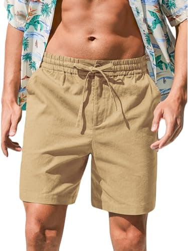 RQP Mens Cotton Linen Shorts Casual Drawstring 7inch Inseam Shorts Stretch Summer Beach Wear,Khaki - Image 1