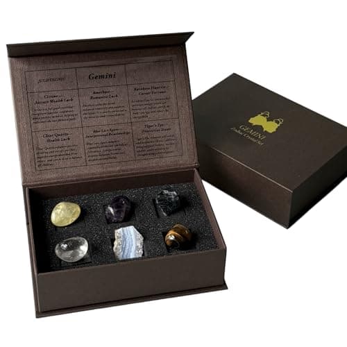 Juliful Unic Gemini Zodiac Energy Set - 6 Authentic Crystals for Adaptability, Clarity & Manifestation Gift for Practitioners & Zodiac Enthusiasts Rainbow Fluorite + 5 More in Elegance Box - Image 1