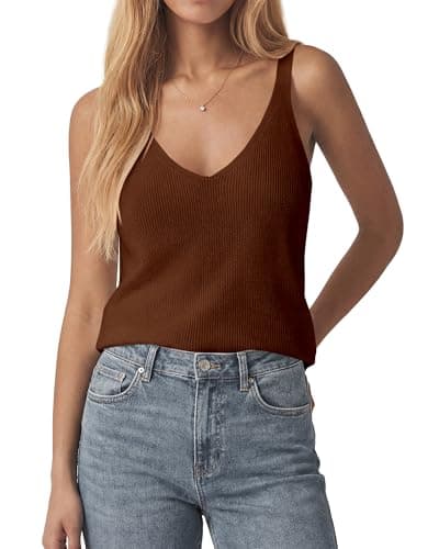 KIRUNDO Sweater Tank Tops for Women Sleeveless V Neck Ribbed Knit Vest Top Camisole 2026 Summer Outfits Fashion Clothing(Brown, X-Large) - Image 1