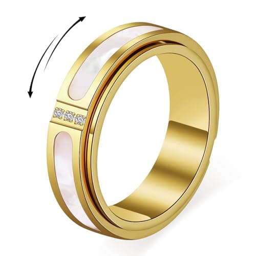 YellovEvey Fidget Spinner Ring for Women - 18K Gold Plated Stainless Steel with Mother of Pearl Shell & Cubic Zirconia, Anxiety Relief Spinning Jewelry Gift for Birthday Wedding Engagement Anniversary - Image 1