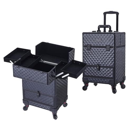 TOPACK Rolling Makeup Train Case,360°Rotaing Wheel Aluminum Cosmetic Case with Trolley 4-Tray for Tattoo/Barber/Nail Tech Travel Cart Organizer 13.1 * 9.8 * 18.3in BLACK (BLACK) - Image 1