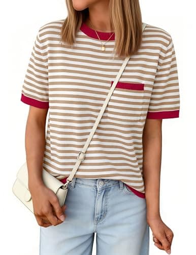 Aprolive Womens Striped Sweater Short Sleeve Knit Top with Lightweight Color Block Crewneck Shirts for Casual Summer Vacation(7-Red Coffee,X-Large) - Image 1